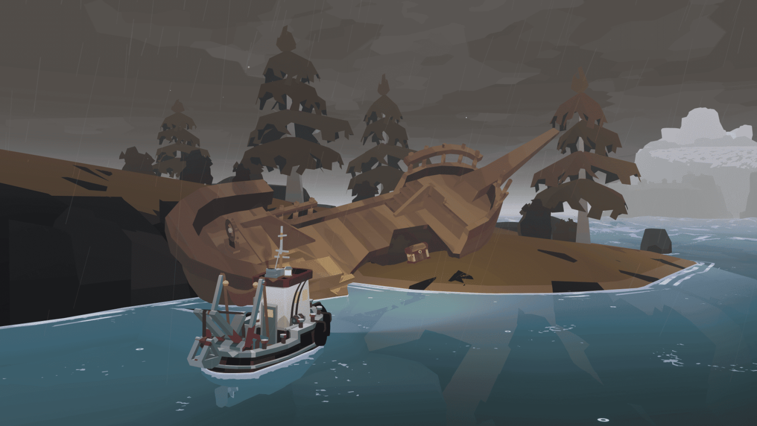 Small fishing boat near a rocky shore with a sunken wooden ship and pine trees under a grey rainy sky