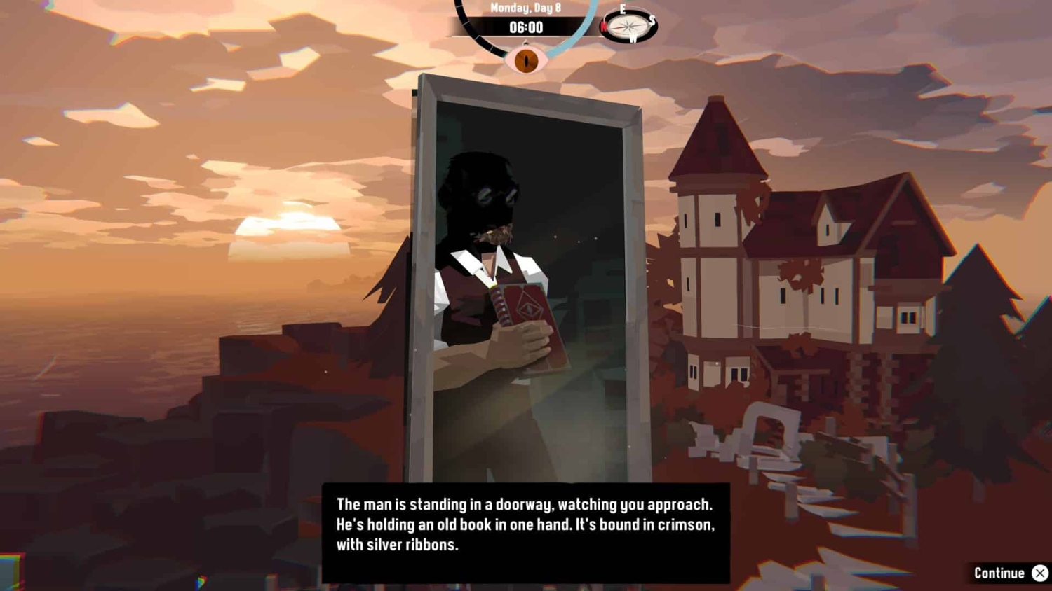 Low-poly masked character holding a crimson-bound book with silver ribbons, standing in a doorway at sunset