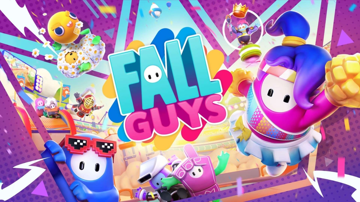 Several colourful Fall Guys characters in playful costumes jumping around a vibrant game arena with the Fall Guys logo in the centre