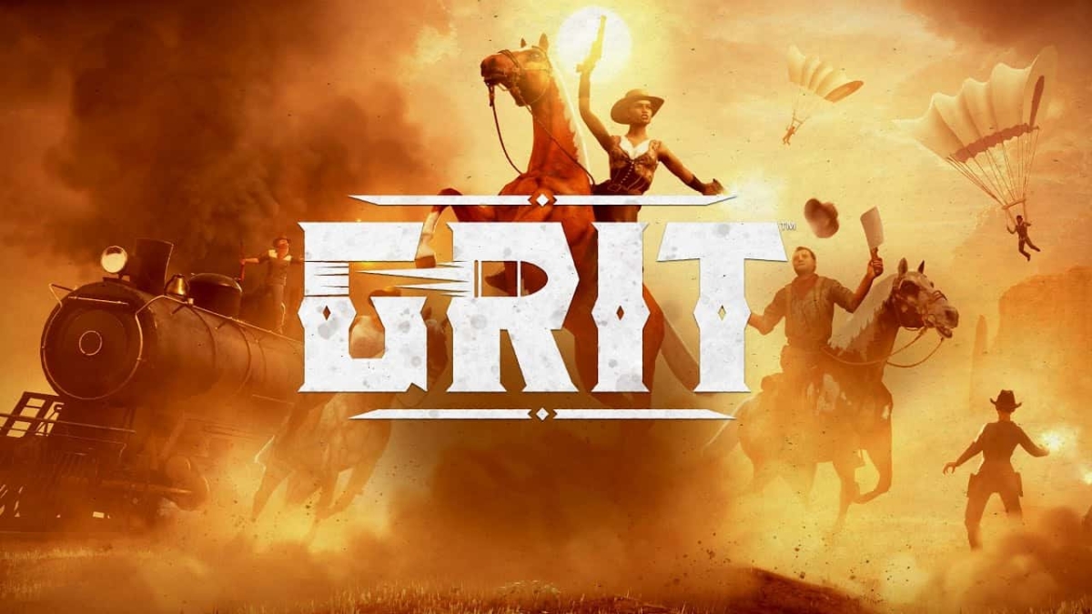 Grit video game title in western style with cowboys on horses and parachutes in dust storm