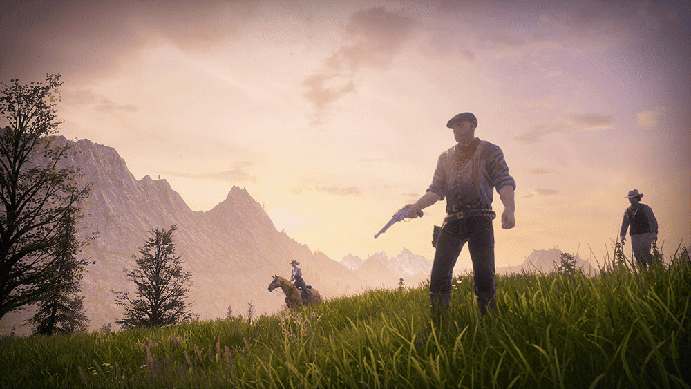 Three men in period clothing stand and ride horses in a grassy mountain landscape at sunset with one man holding a pistol