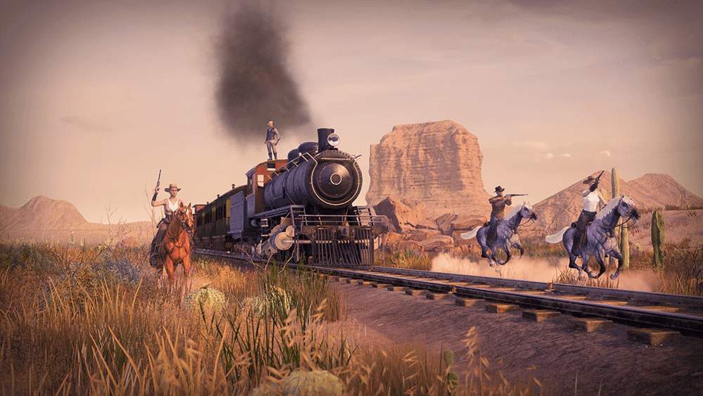 Three cowboys on horseback are attacking a moving steam train in a desert with rocky formations in the background