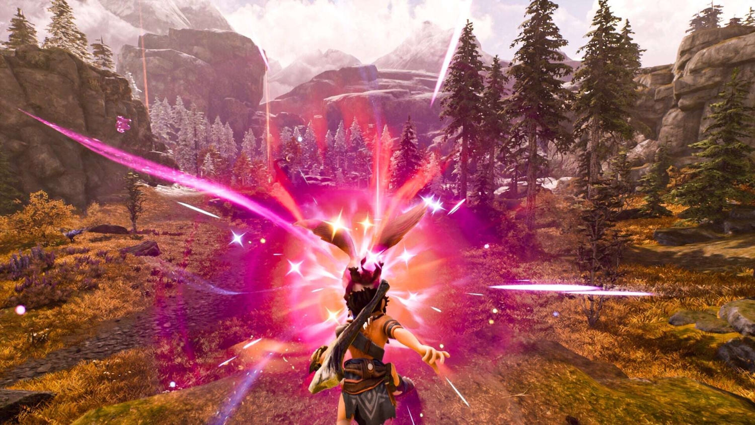 Character casting a vibrant purple magical spell in a forested mountainous area with autumn tones
