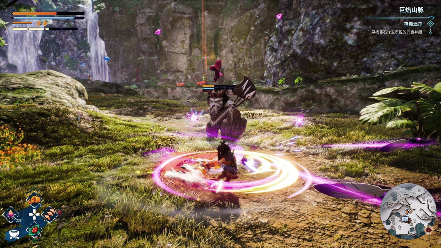 Player character battling a large armored enemy with an axe in a lush valley near waterfalls