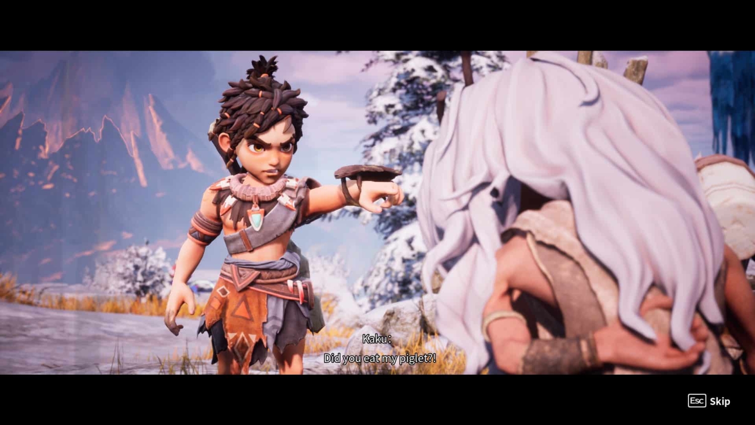 Young tribal boy with brown hair and patterned clothes angrily points at a white-haired figure in a snowy forest