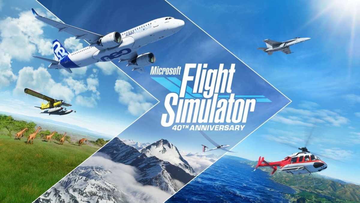 Various aircraft including an Airbus A320, helicopter, and a glider flying over diverse landscapes in a clear blue sky