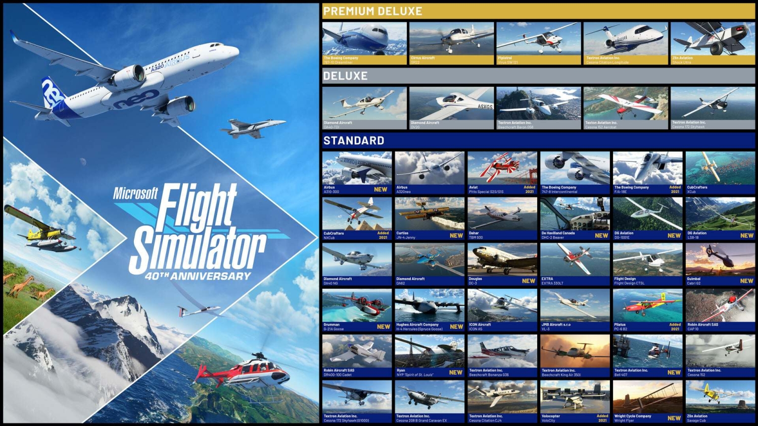 Microsoft Flight Simulator 40th Anniversary edition cover with a large Airbus A320neo and a red helicopter flying above mountains and wildlife, accompanied by panels showing various aircraft included in Premium Deluxe, Deluxe, and Standard editions.