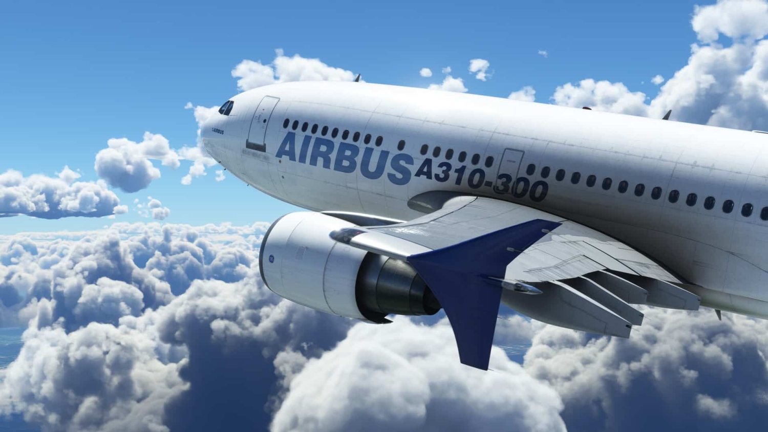 Airbus A310-300 aircraft flying high above fluffy clouds under a clear blue sky