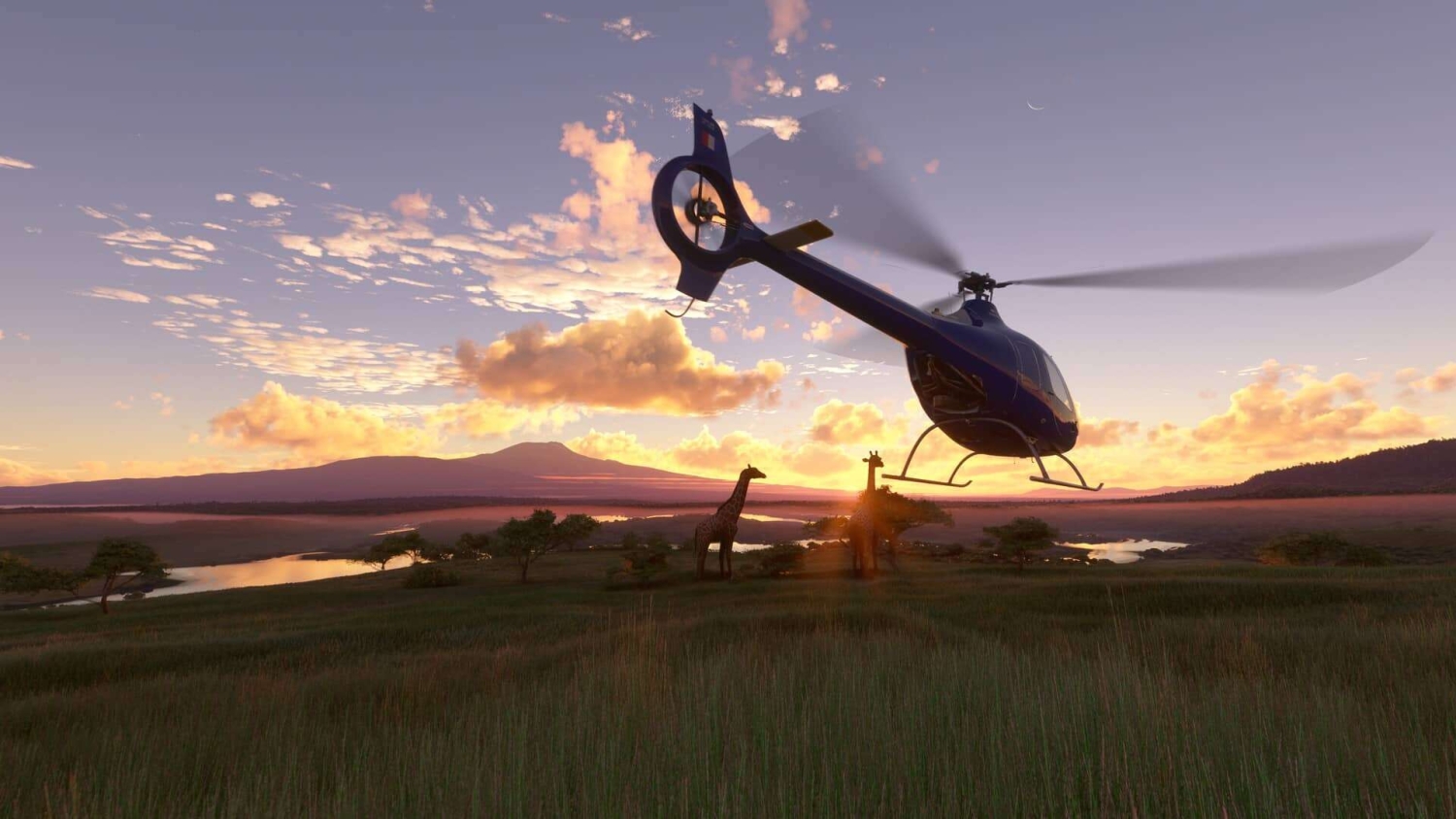 Blue helicopter flying low over a grassy savannah with giraffes at sunset