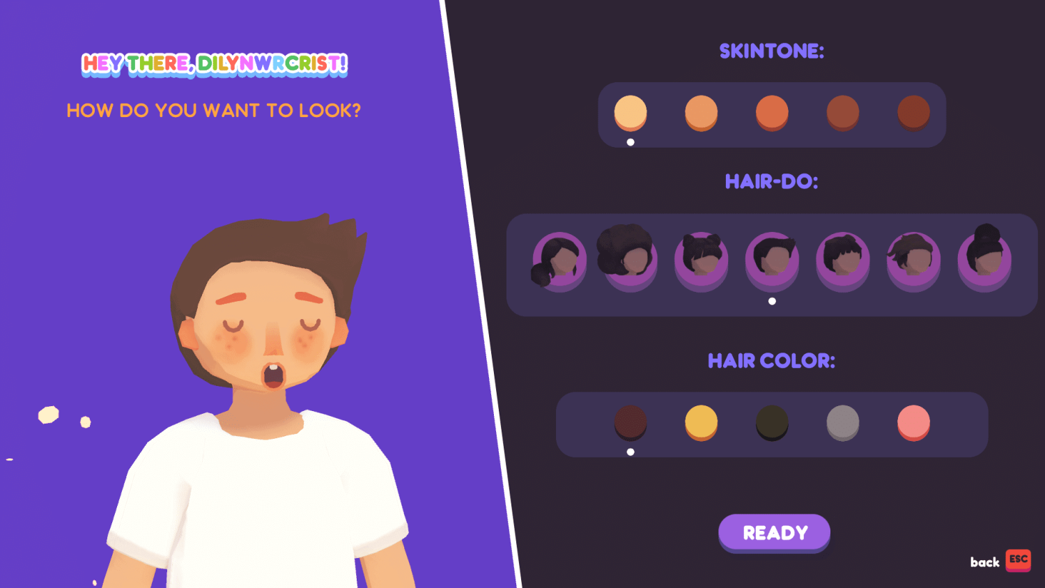 Game character customisation options for skin tone, hair style, and hair colour with a cartoon character preview