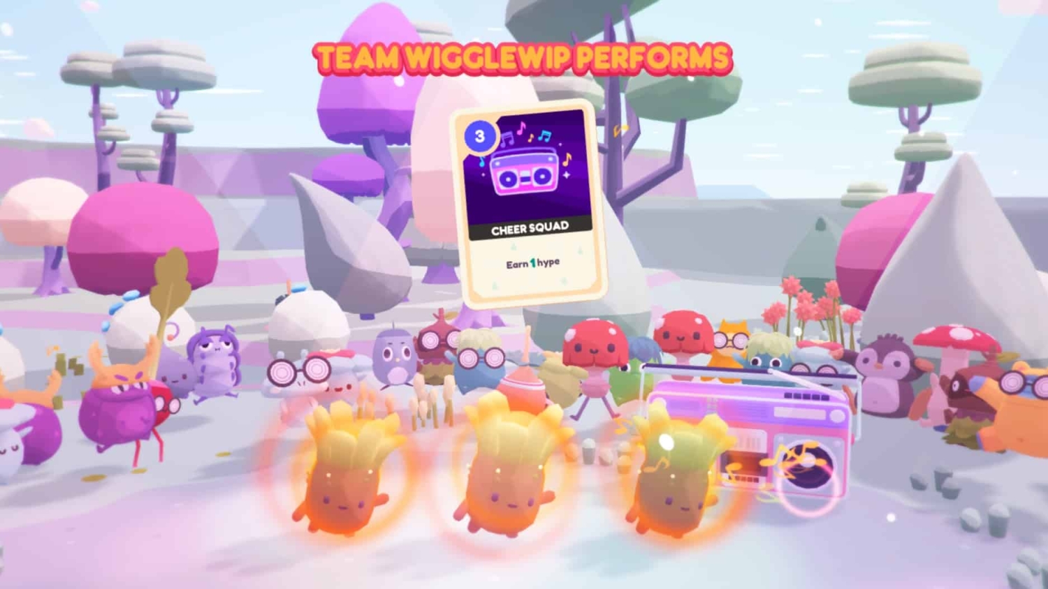 Three glowing orange animated characters perform near a purple retro radio with a floating card labelled 'Cheer Squad'
