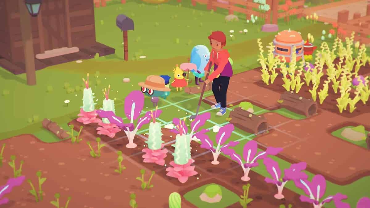 Character tending purple-pink crops while small colourful creatures watch closely on a farm