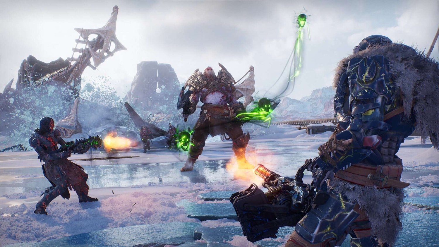 Armoured figures engaged in battle firing weapons on icy terrain with a large skeletal ship wreck in the background
