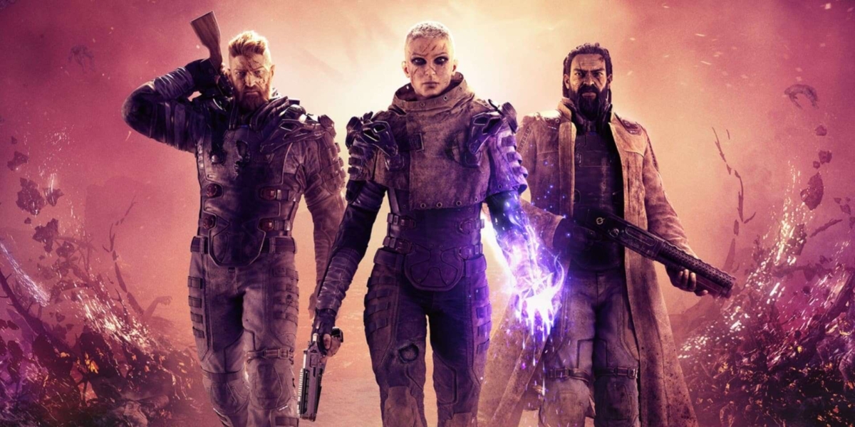 Three heavily armed characters standing together with one showing purple glowing powers