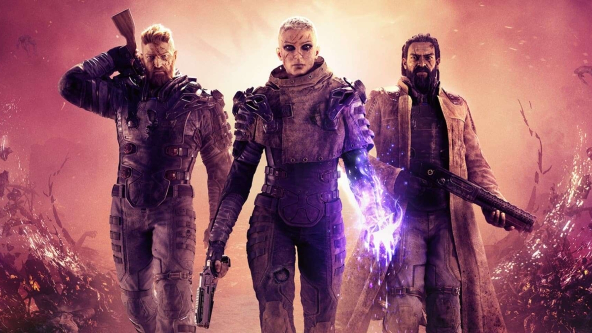 Three heavily armed characters standing together with one showing purple glowing powers