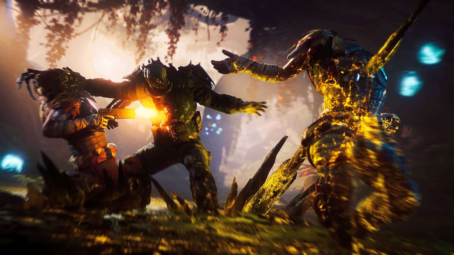 Armoured character firing a gun at two monstrous figures with yellow glowing effects in a dark forest environment