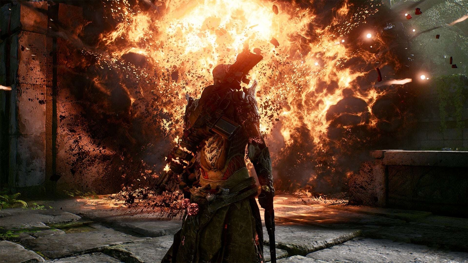 Armoured character with a weapon facing a massive fiery explosion in ancient stone ruins
