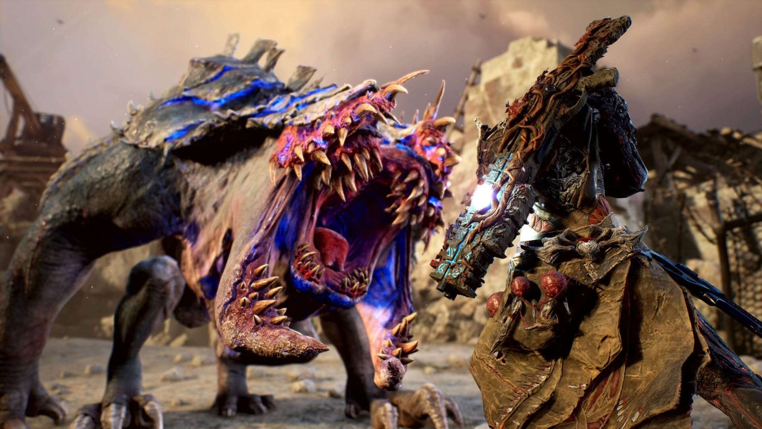 Armoured figure wielding a glowing weapon confronts a large snarling monster with sharp teeth in a ruined setting
