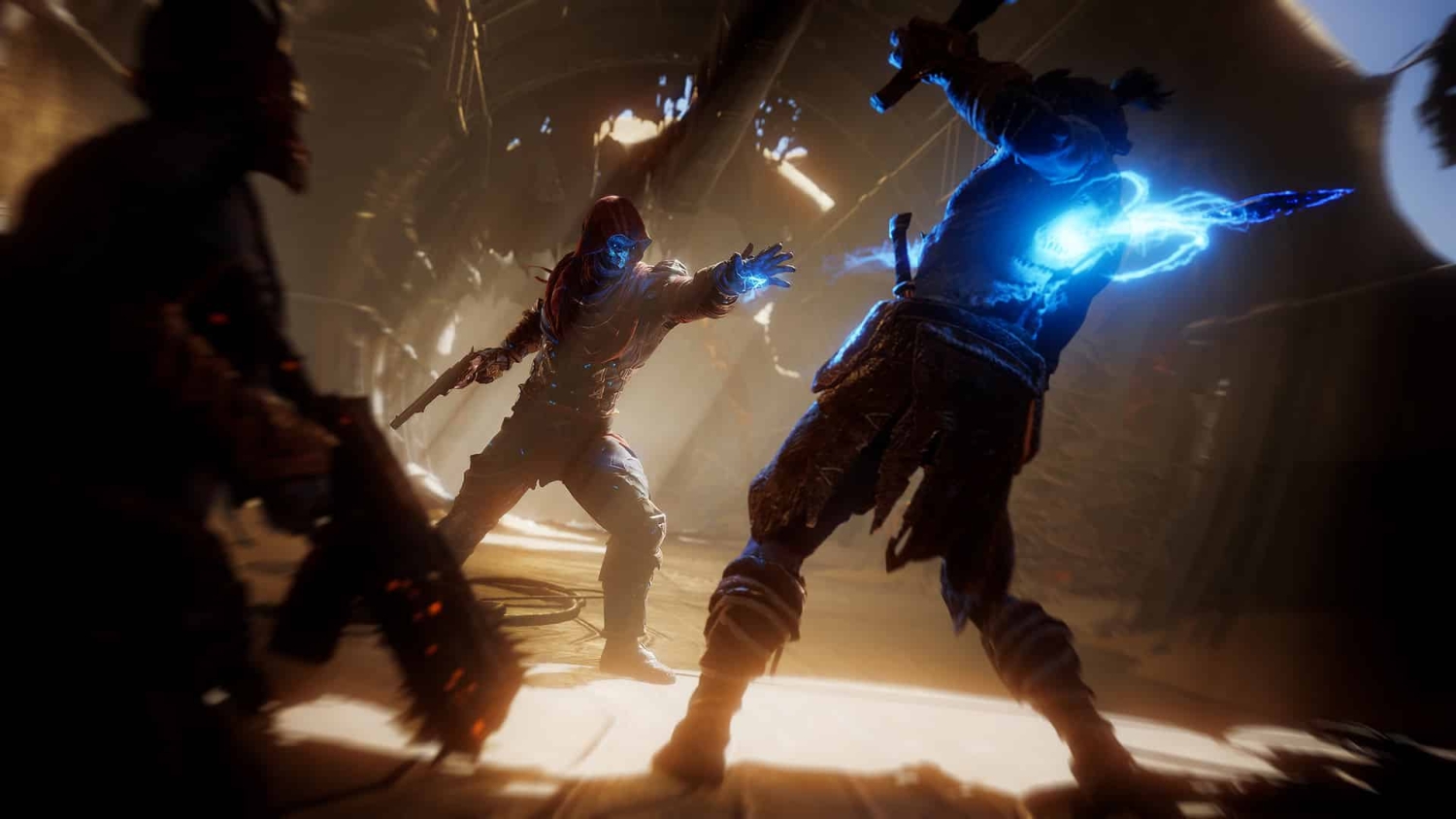 Two futuristic warriors battling indoors, one projecting blue elemental energy as a weapon
