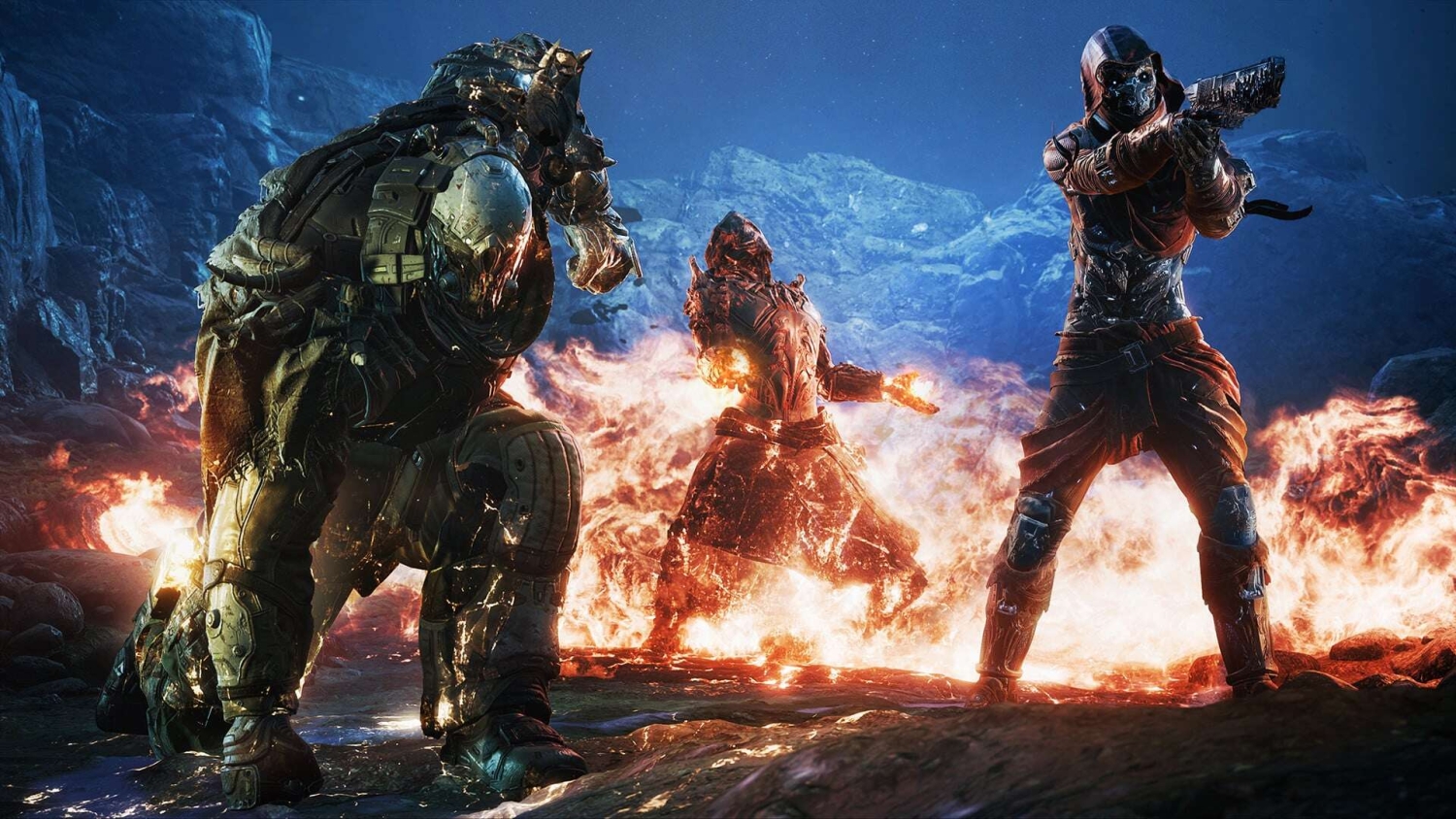 Three heavily armoured warriors in a rocky cave with flames behind them, one wielding fire powers and another aiming a gun