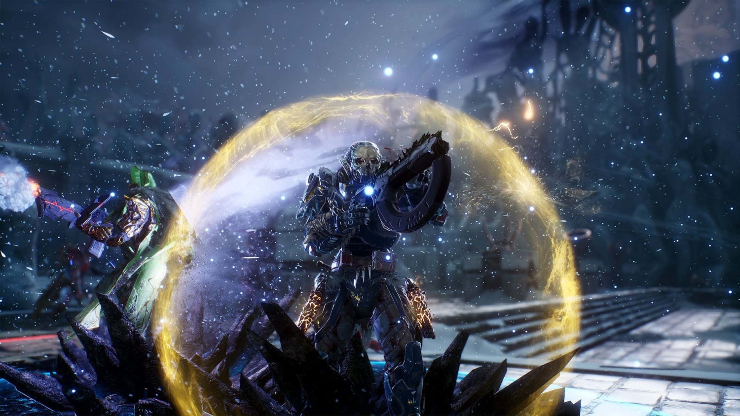 Armoured soldier firing futuristic weapon while protected by glowing yellow energy shield in snowy battlefield