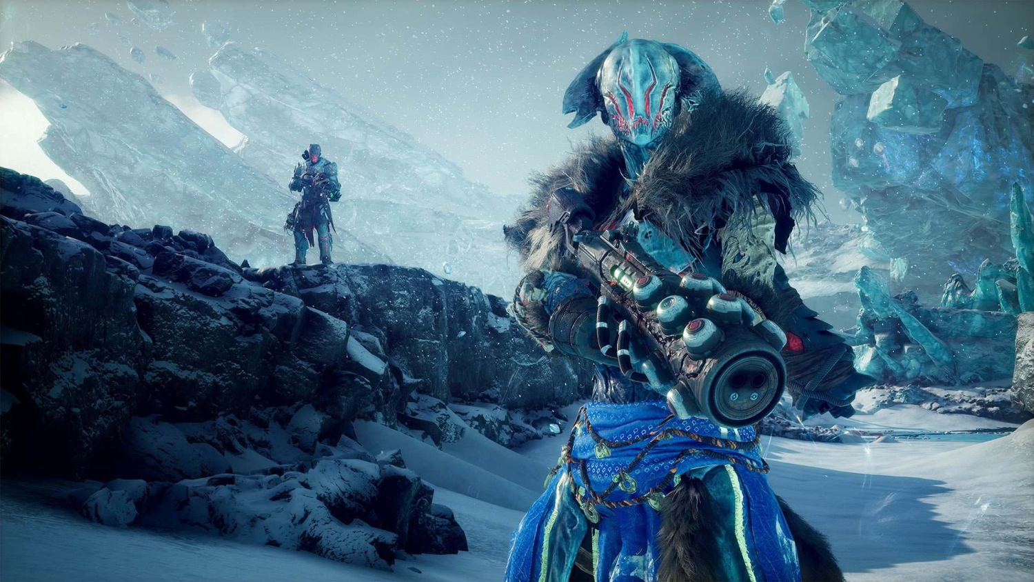 Armoured figure with detailed helmet and fur stands in snowy icy environment holding a futuristic weapon
