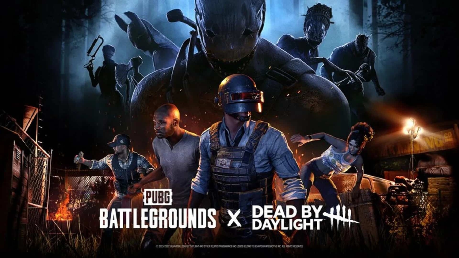 Characters from PUBG Battlegrounds and Dead by Daylight poised in a dark, spooky forest with menacing creatures behind them