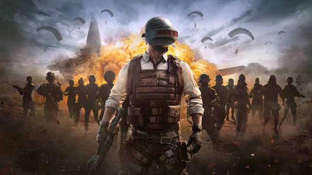 Armoured character with helmet and rifle in front of multiple characters and parachutes with explosion backdrop