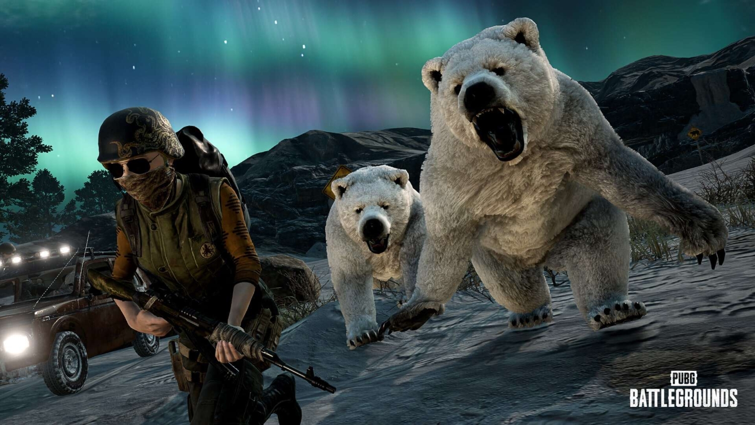Armed soldier in winter combat gear running from two polar bears under the northern lights at night