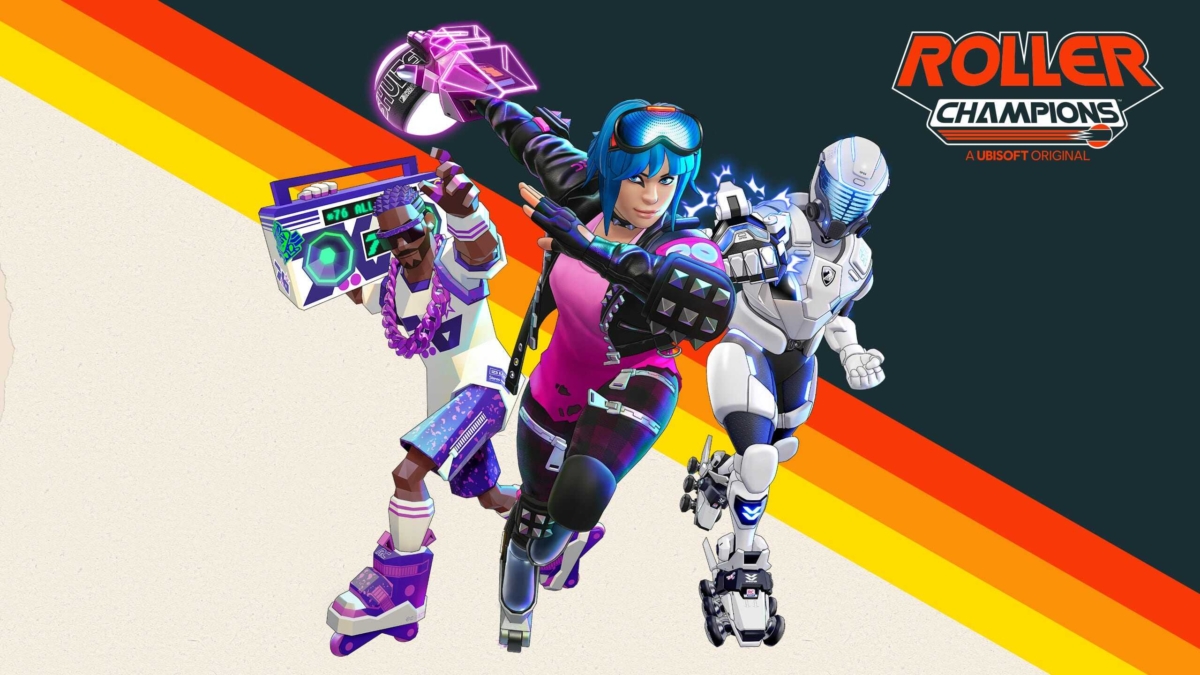 Three futuristic rollerblading characters in dynamic poses with a retro orange, red, and yellow striped background