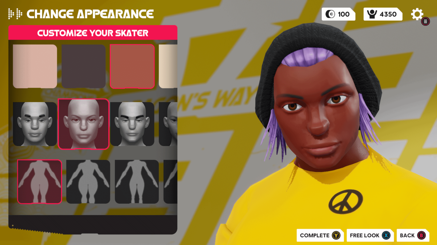Game character customisation interface showing skin tones, head shapes, and body types with a character in a yellow shirt and black beanie