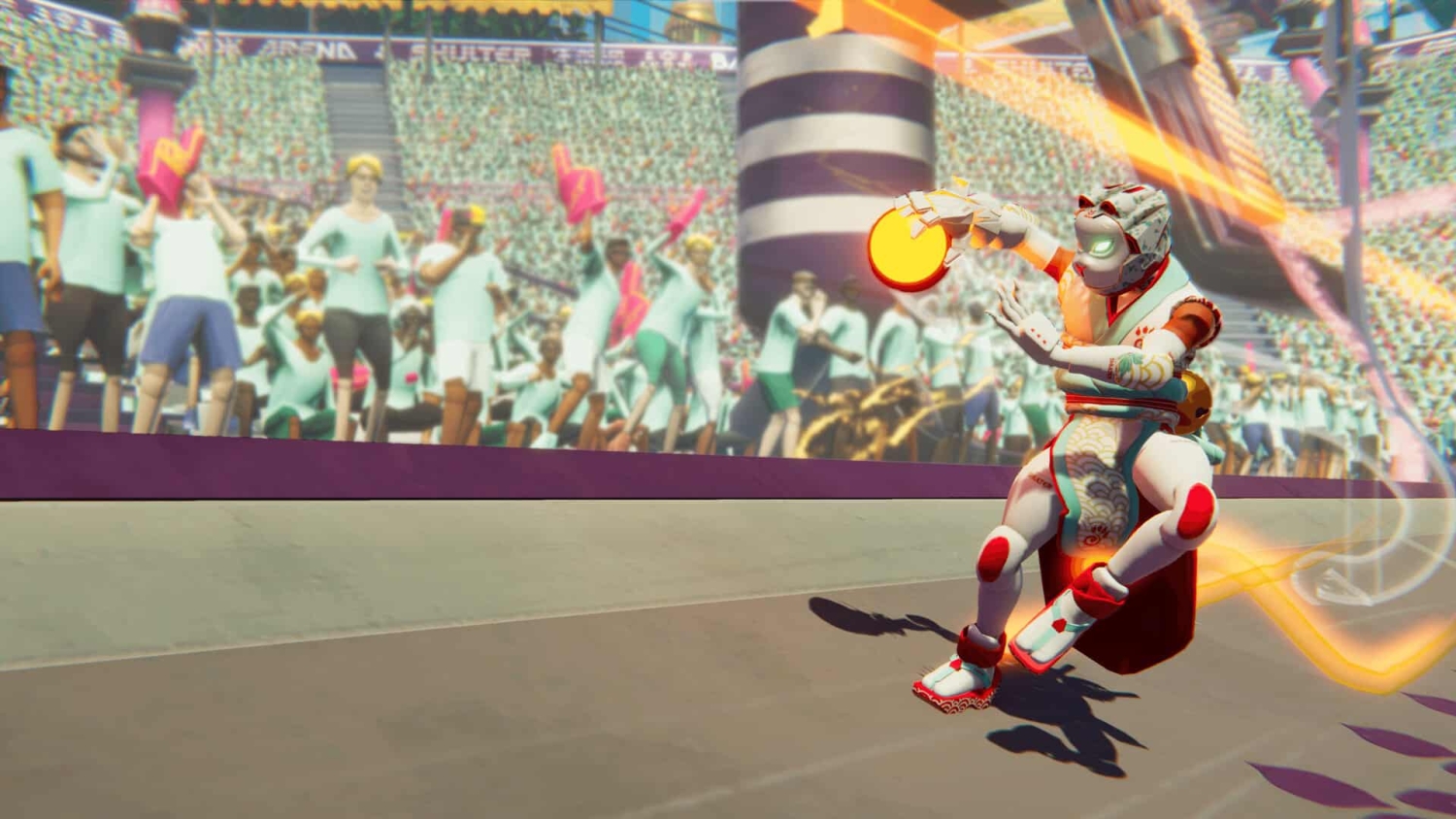Character in futuristic armour throwing a glowing disc in front of a crowded stadium audience