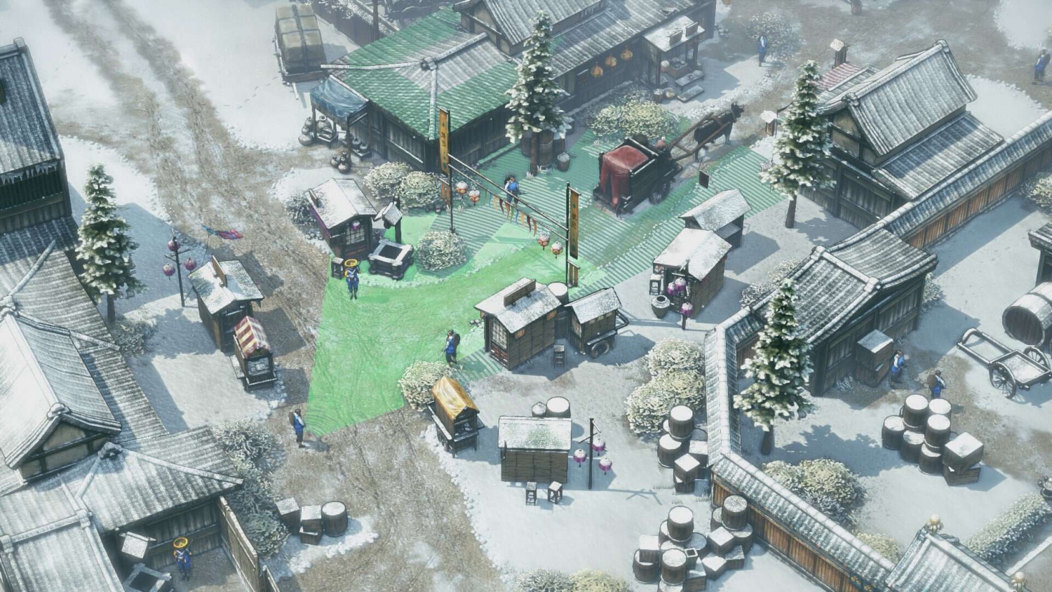 An overhead view of a snowy village with wooden buildings, trees, barrels, and characters patrolling paths
