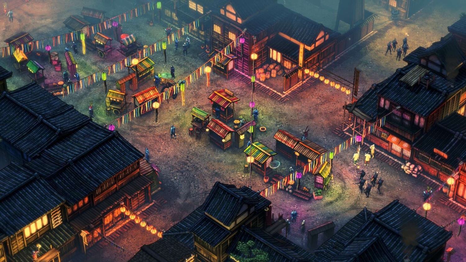 Vibrant Japanese market street at night with illuminated lanterns, stall vendors, and traditional wooden buildings.