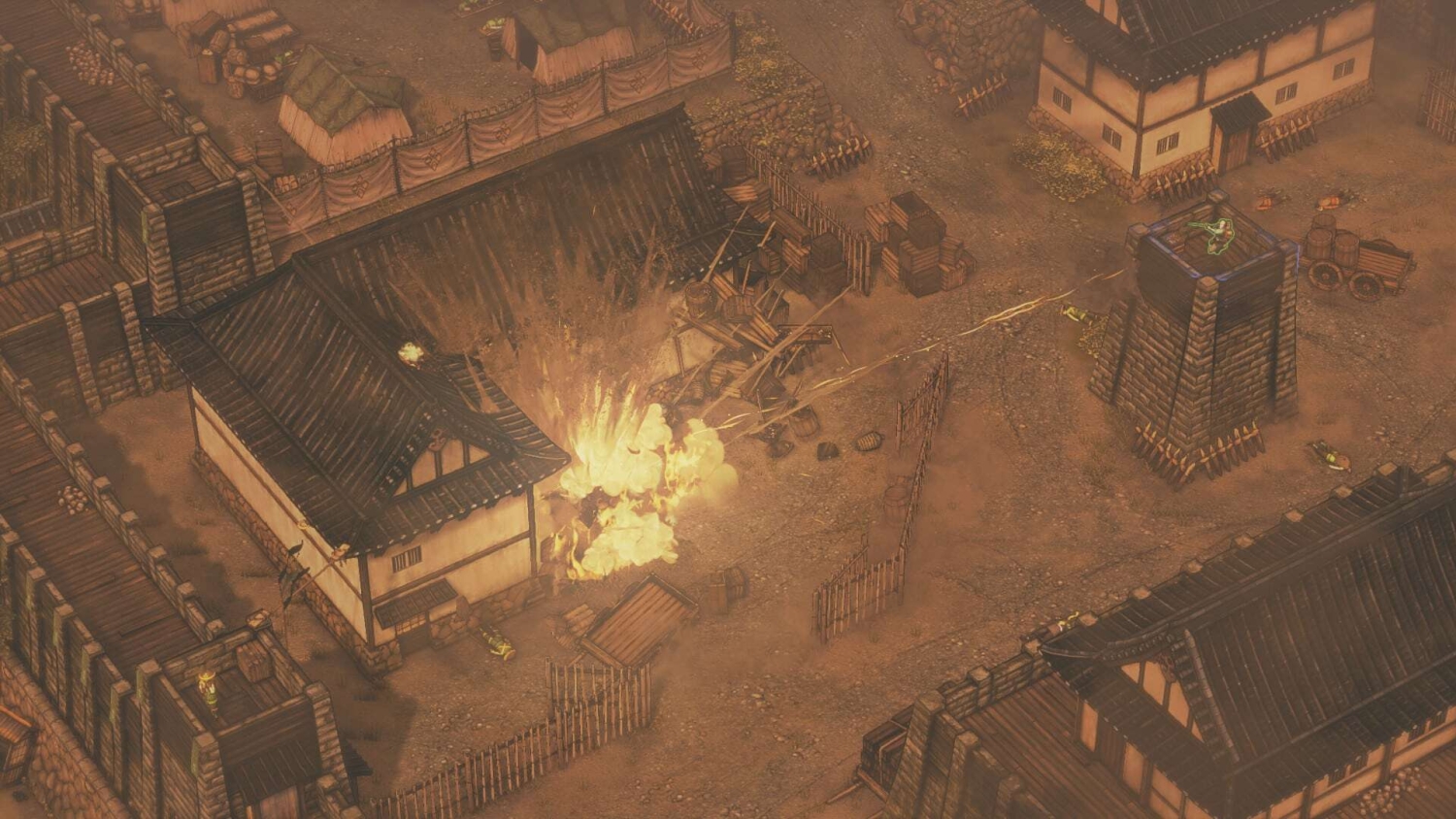Explosion and gunfire in a Japanese village setting with samurai-style buildings and soldiers fighting