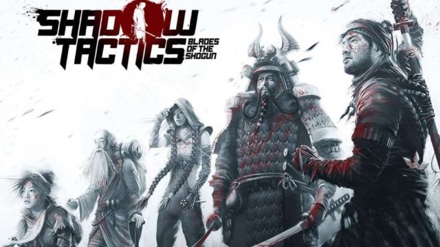 Black and white stylised artwork of five samurai warriors in traditional armour, with red blood splatters