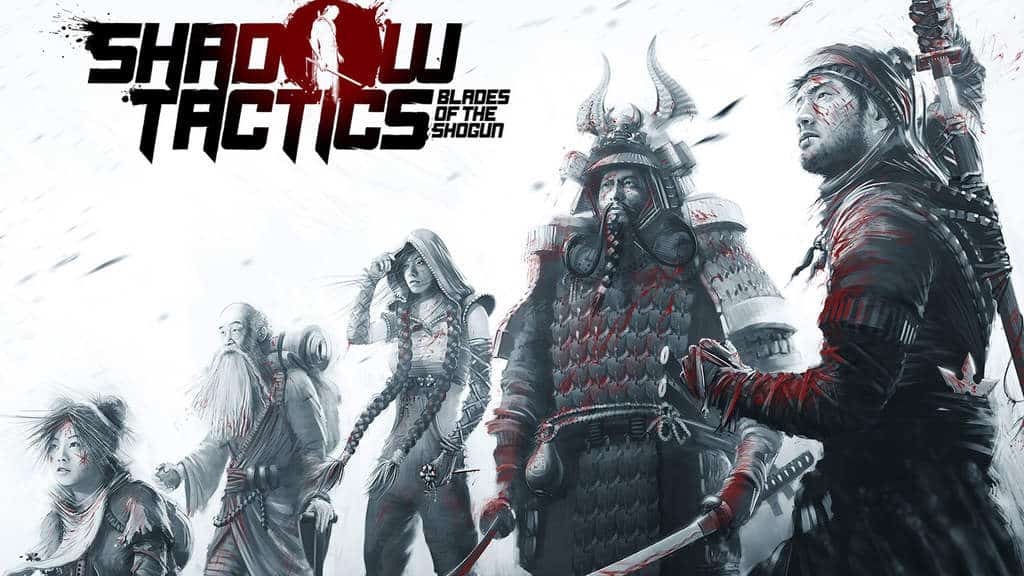 Black and white stylised artwork of five samurai warriors in traditional armour, with red blood splatters