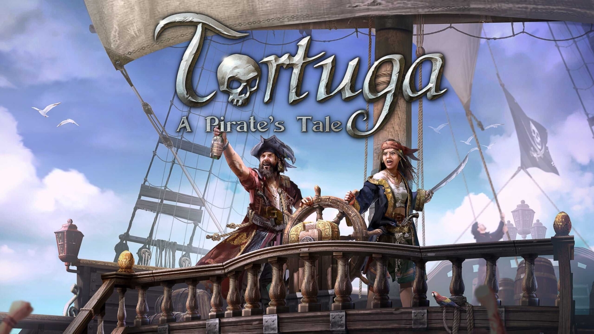 Two pirates on a wooden ship's deck celebrating with one holding a drink and the other a sword under the Tortuga logo