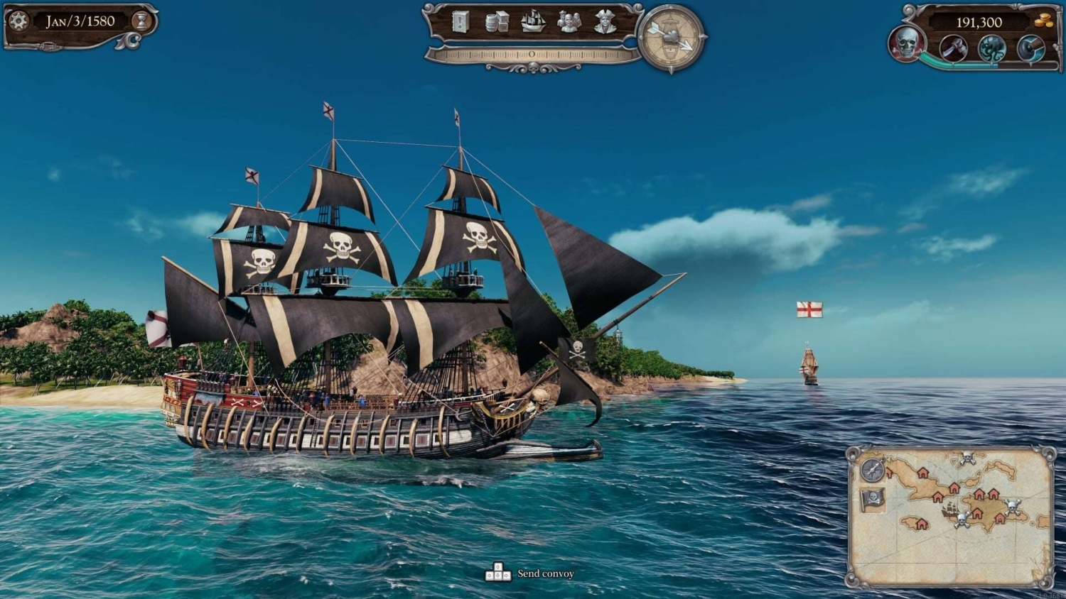 Black pirate ship with skull and crossbones flags sailing close to a tropical island under clear blue skies