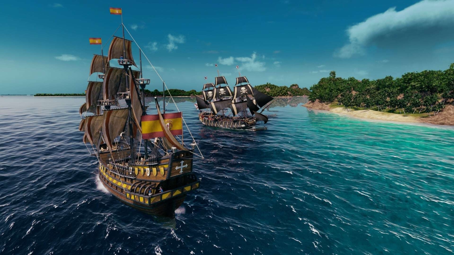 Two tall ships flying Spanish and pirate flags sailing near a tropical island with clear blue waters