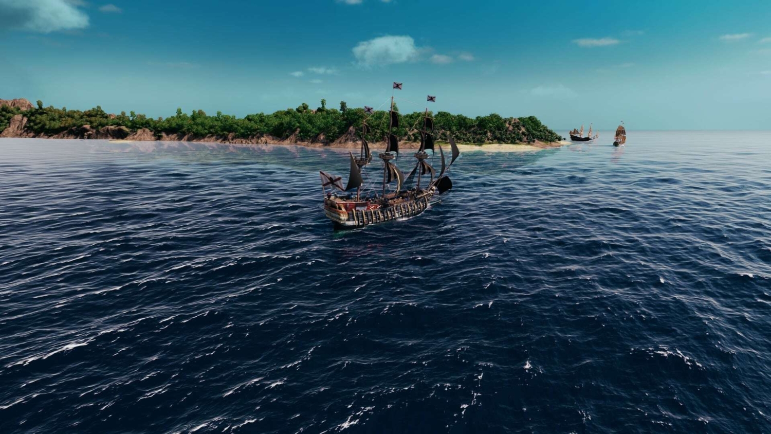 Three sailing ships with black sails and flags near a lush tropical island over calm blue ocean waters