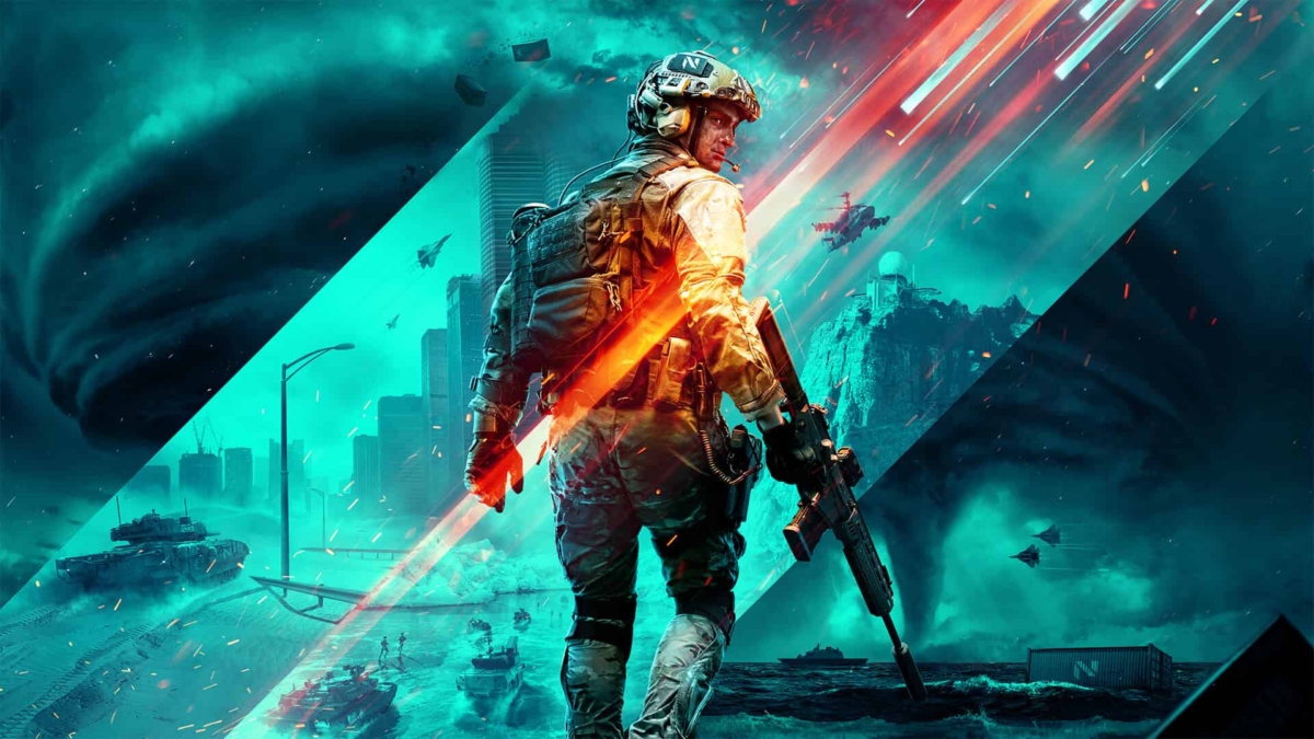 Soldier in advanced combat gear holding a rifle with urban and coastal battle scenes featuring tornadoes and military vehicles