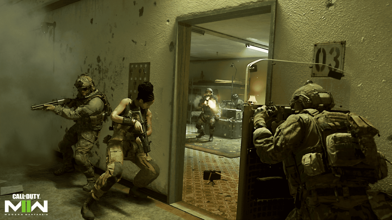Soldiers engaged in intense close quarters combat inside a dim, worn corridor with one soldier using a ballistic shield