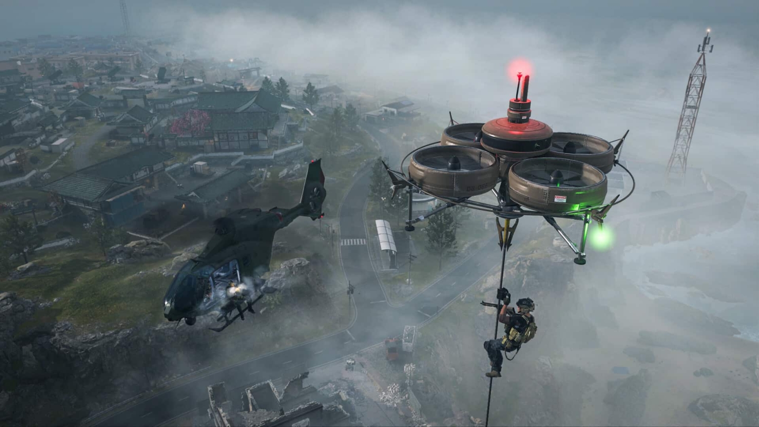 Soldier rappelling on a rope from a large quad-rotor drone over a foggy urban area with a helicopter nearby