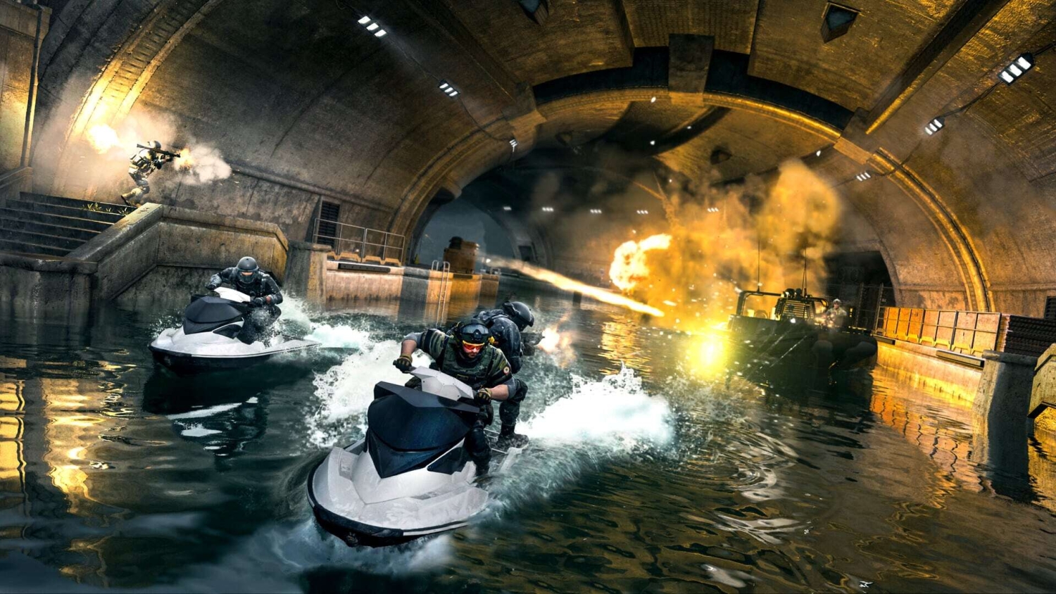Three soldiers on jet skis exchanging gunfire in a dimly lit underground water tunnel with an explosion in the background