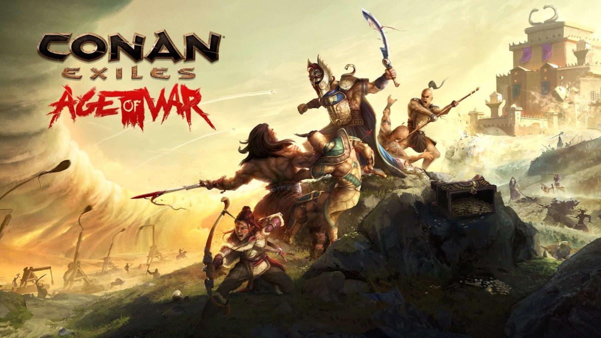 Characters wielding weapons in a battle scene with a fortress and catapults in the background