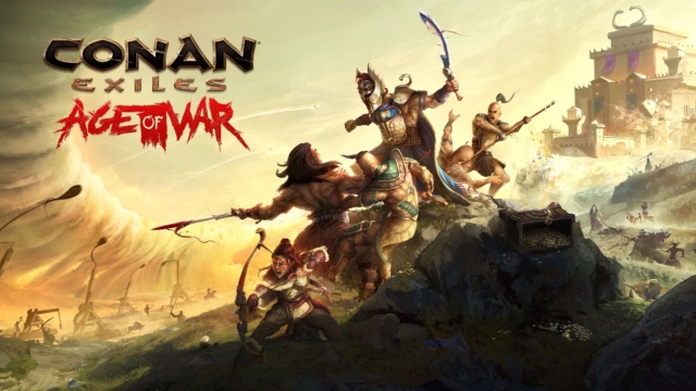 Characters wielding weapons in a battle scene with a fortress and catapults in the background