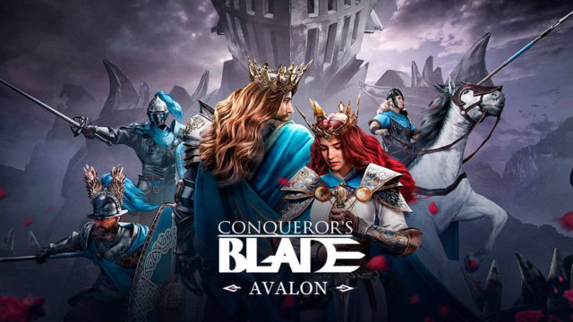 Seven medieval warriors including a crowned king and queen with long hair in blue and silver armour, surrounded by soldiers with spears and a knight on horseback