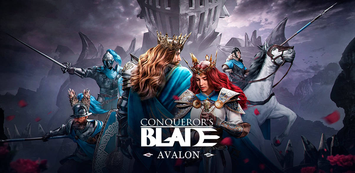 Seven medieval warriors including a crowned king and queen with long hair in blue and silver armour, surrounded by soldiers with spears and a knight on horseback