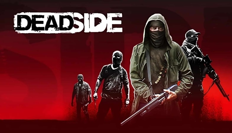 Four armed characters wearing tactical gear and masks stand in front of a red background with the Deadside logo